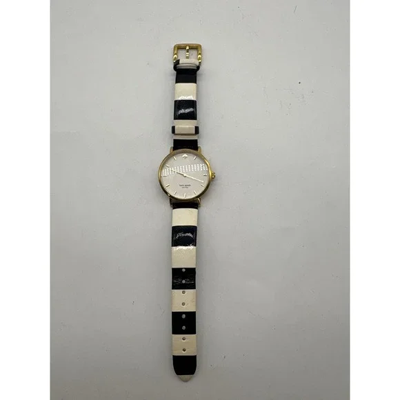 Kate Spade New York Metro Watch 0260 Gold Tone Black White Stripe Leather Band - Picture 10 of 11
